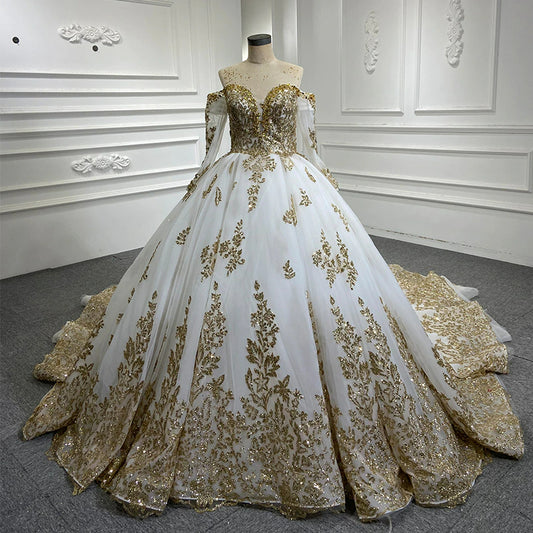 Gold and white off the shoulder long sleeve luxury ball gown wedding dress