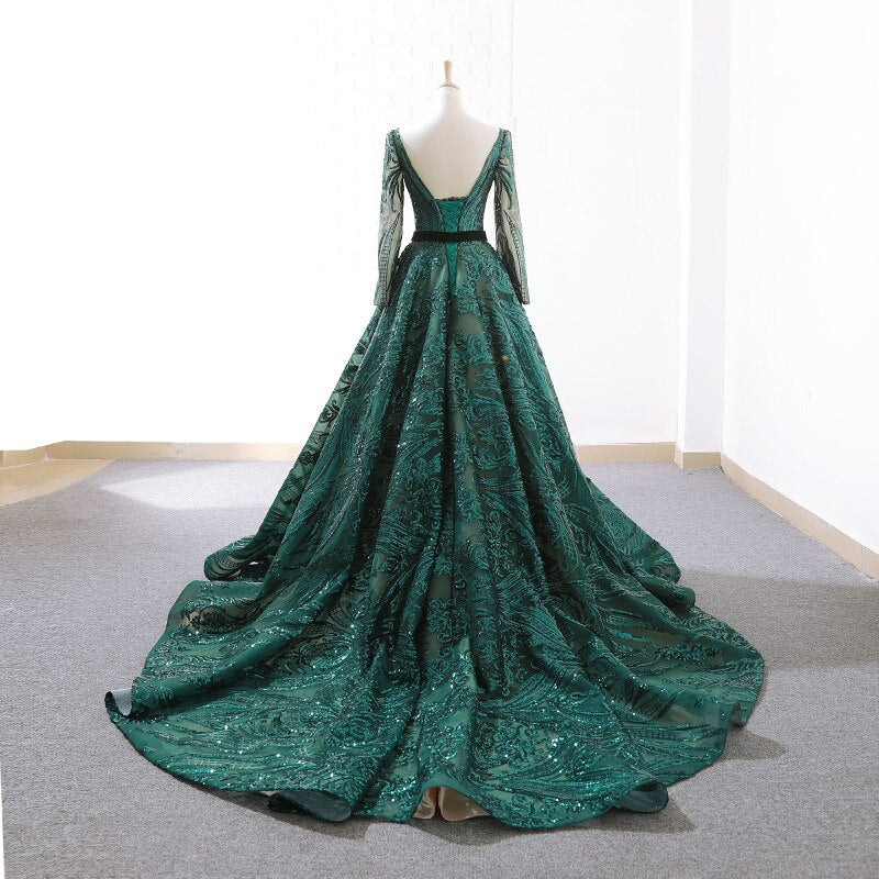 green evening party dress long o-neck dress mother of bride prom dress