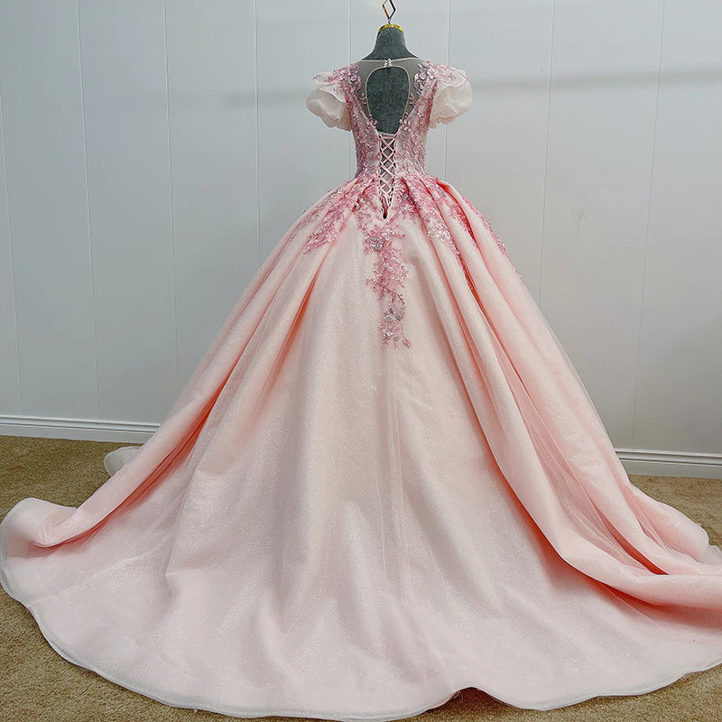 Stylish blue pink princess long train prom dress