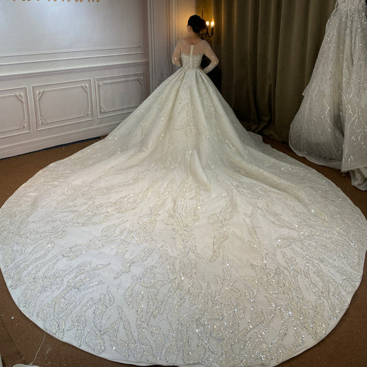 Elegant Royal Woman Wedding Dress For Bride Ball Gown Ivory Full Sleeve Boat Neck Cathedral Train Vestido De Novia