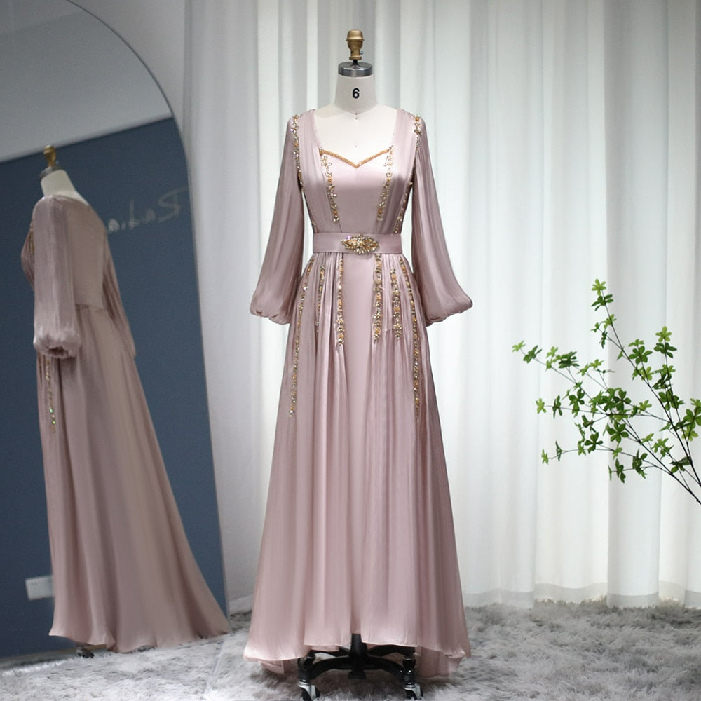 Rose Gold Moroccan Kaftan Long Sleeve Dubai Muslim Evening Dress Wedding Party Arabic Engagement Formal Gowns SS441