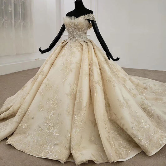 Luxury Champagane off the shoulder ball gown wedding dress
