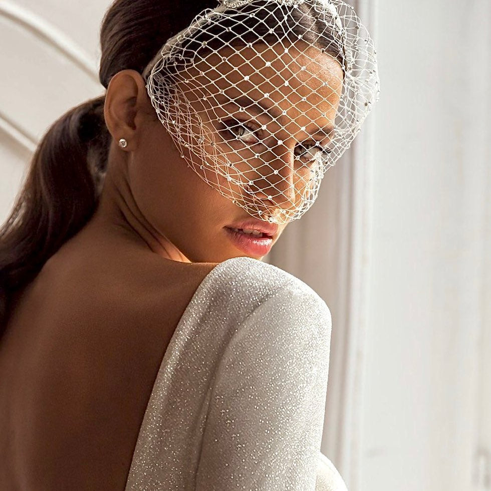 White Headband Veil for Bridal Crystal Birdcage Black Face Net Mask Short Veil Fascinator Elegant Charming Veil
