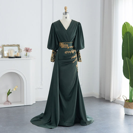 Elegant Emerald Green Muslim Evening Dress for Women Wedding Long Sleeve Luxury Dubai Beaded Formal Dresses SS437