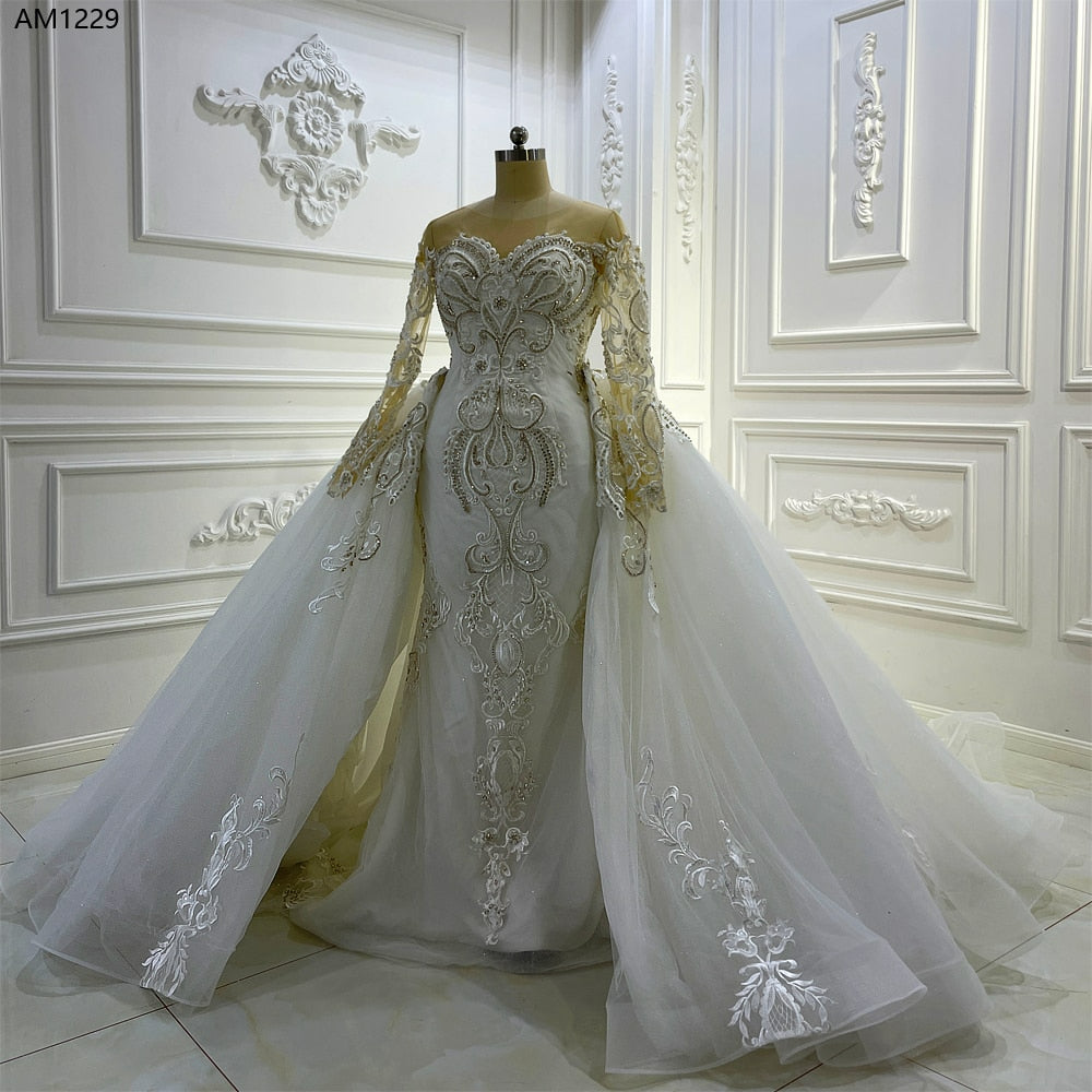 AM1229 Lace Applique Removable Skirt Shiny Luxury Wedding Dress