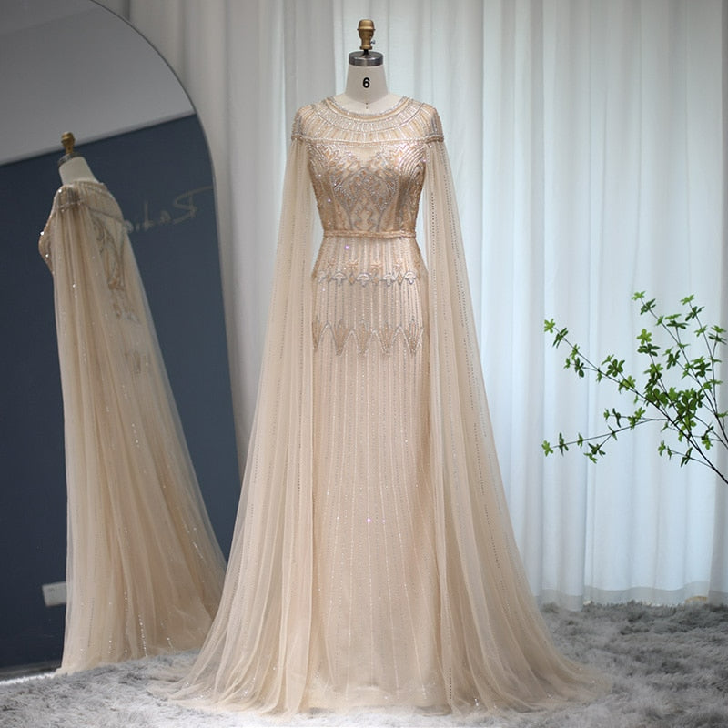 Luxury Gold Mermaid Dubai Evening Dress with Cape Sleeve Arabic Plus Size Formal Party Gowns for Women Wedding SS103