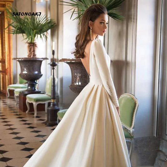 Sleeve Satin Wedding Dress for Women Simple Backless Princesa Bridal Gowns Robe Mariage Custom Made