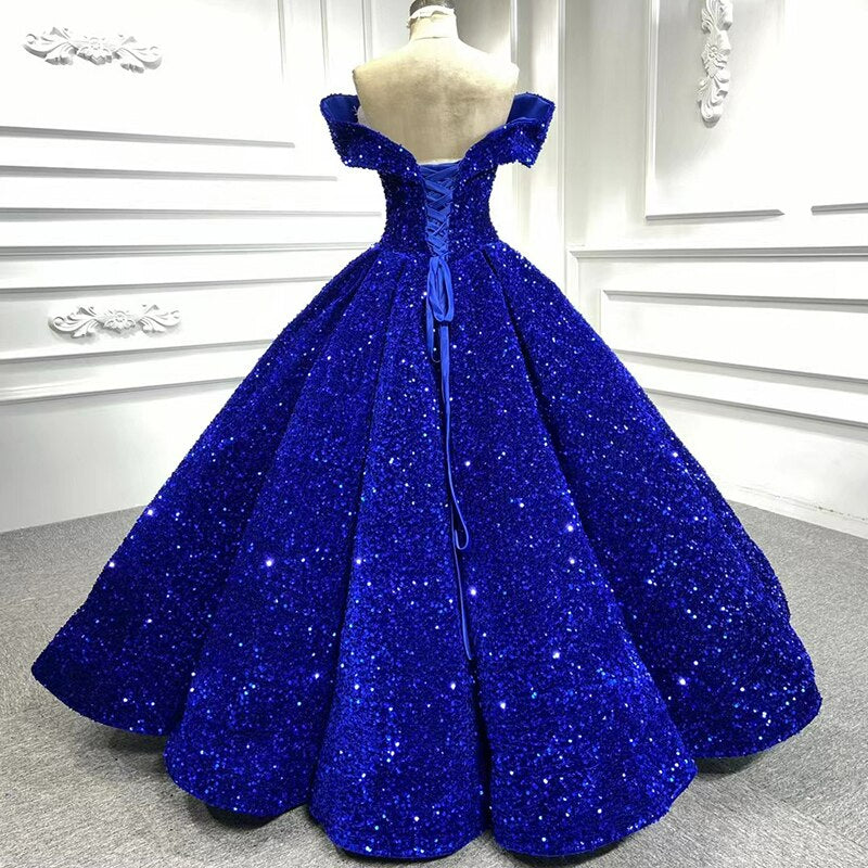 Off the shoulder shinny elegant sequined shimmery luxury custom party dress