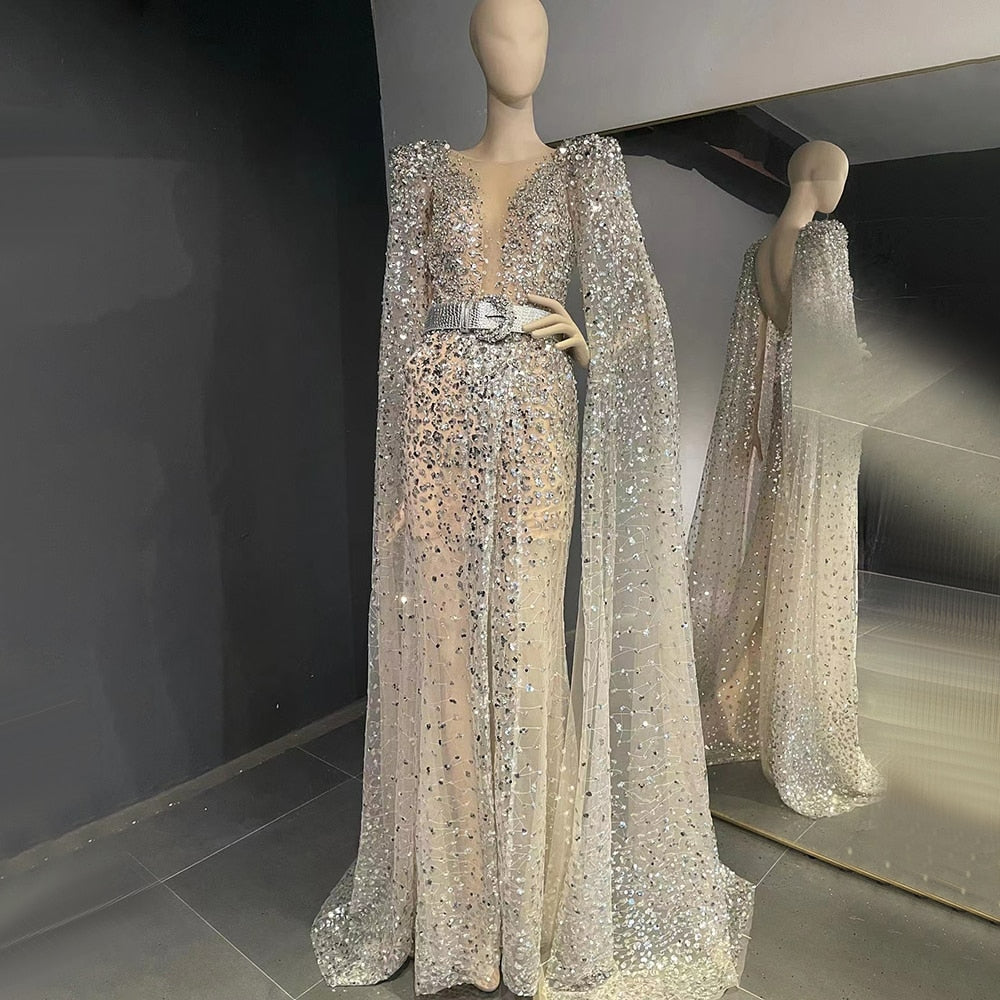 Luxury Beaded Mermaid Long Evening Dresses with Cape Sleeve Elegant Dubai Women Formal Dress for Wedding Party SS556