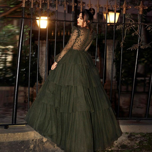 Olive Green Long Sleeve Dubai Evening Dresses for Women Wedding Party Gowns Puffy Ruffles Elegant Formal Prom Dress