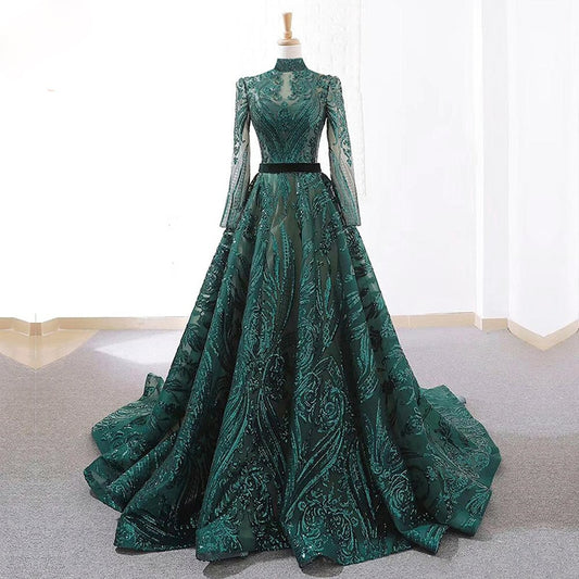 Emerald Green Sequin Muslim Evening Dresses Long Sleeves Arabic Dubai Plus Size Women Wedding Party Dress SS199