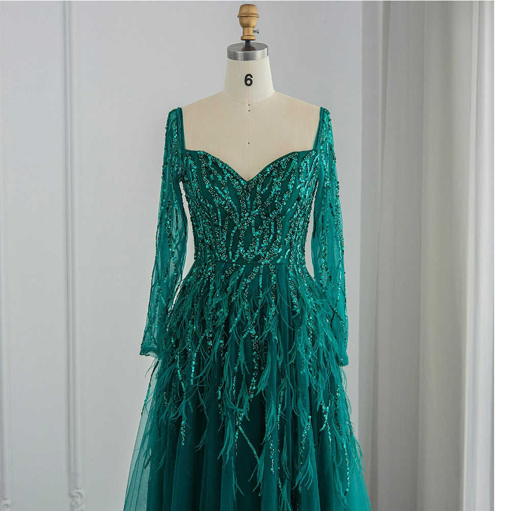 Emerald Green Luxury Dubai Feathers Evening Dresses for Women Wedding Elegant Wine Red Abra Formal Party Gowns SS351