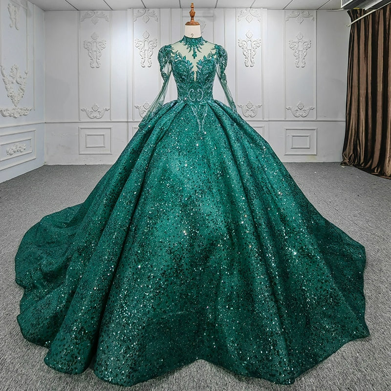 Green High Neck Evening shiny Appliques Sequined Shiny luxury ball gown dress