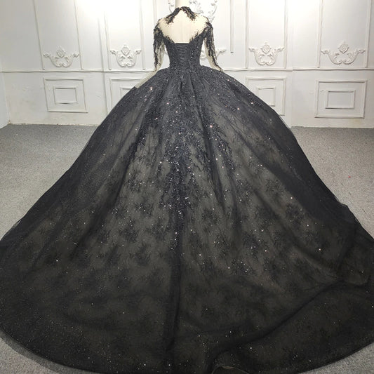Black crystal beaded shimmery shiny evening party black wedding ball gown dress