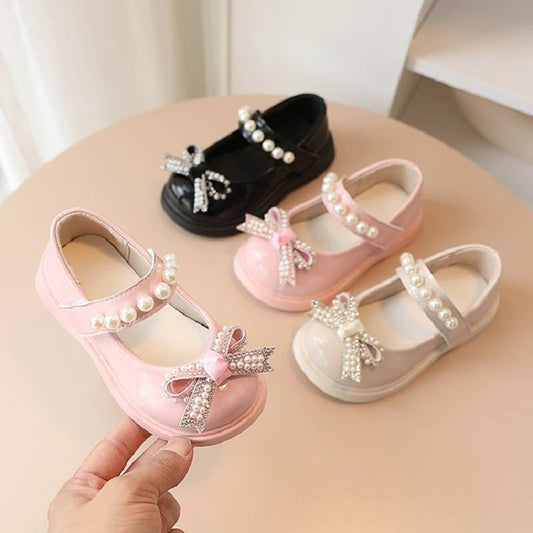 Kids Fashion Pearl Bow Knot PU Leather Princess Shoes For Girls Butterfly Baby Shoes flower girl shoes, flower girl bridal party shoes