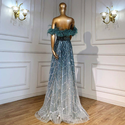 Turquoise A-Line Luxury Evening Dresses Gowns Feather Beaded Sweetheart For Women Party LA71497