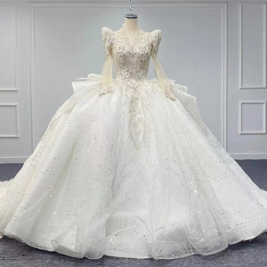 Crystal Applique V neck Long SLeeve Glitter Luxurious Plus size wedding dress