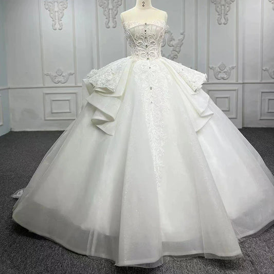 Strapless Organza Ball Gown Pearl Beaded Shiny Ball Gown Wedding Dress No Arm Luxury Wedding Dress