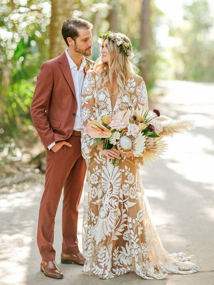 Boho Outdoor Destination V Neck Wedding Dress Two Pieces Slip Lace Robe Long Sleeves Illusion Backless Elopement Bridal Gowns