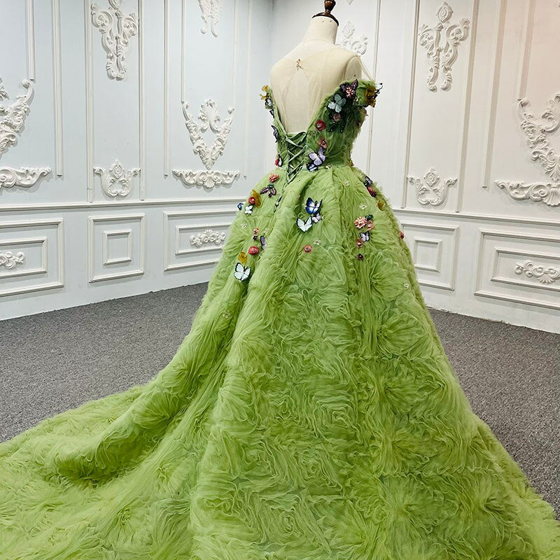 Green Butterfly applique princes fairy ball gown dress