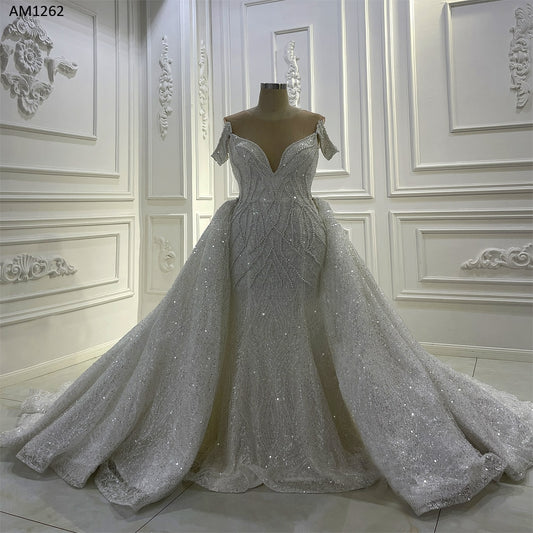 AM1262 Detachable Skirt Pearls Lace Luxury Wedding Dress
