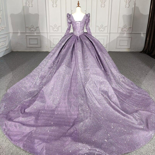 Purple shinny lace applique princess puff long sleeve gala quinceanera ball gown dress