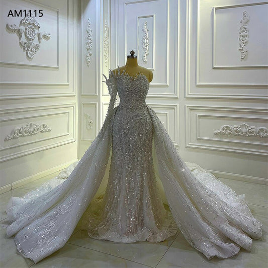 AM1115 One Shoulder Lace 2 in 1 detachable train mermaid bridal gown Luxury Wedding Dress