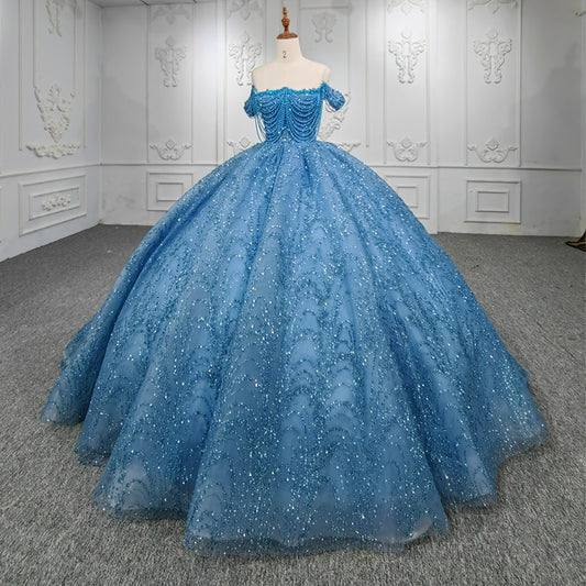 Luxury Blue Shinny Ball Gown strapless draping pearl dress