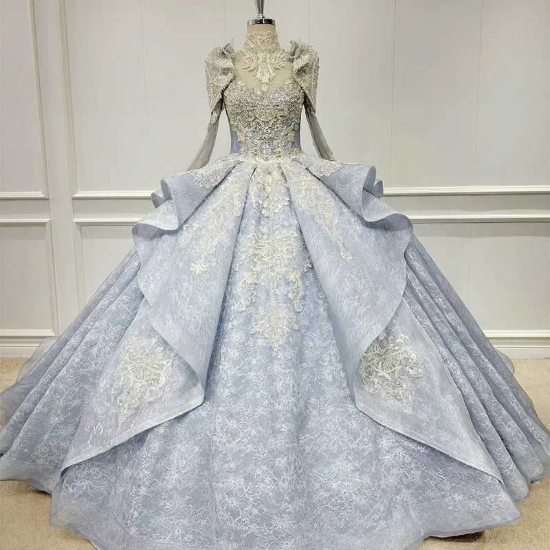 Shiny crystal applique color light blue tiered ball gown wedding dress