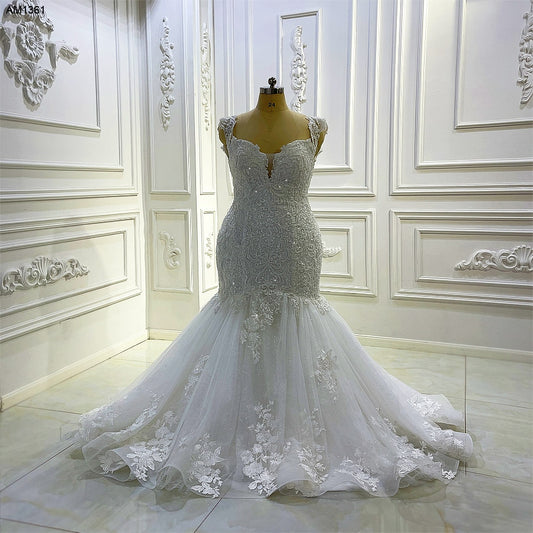 AM1361 Luxury Spaghetti straps Full Lace Plus Size Meimaid Wedding Dress
