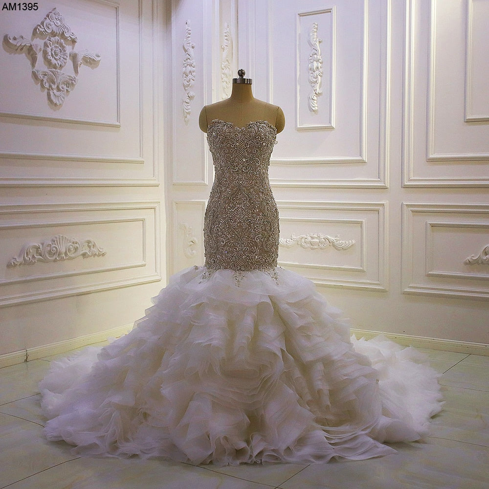 AM1395 Luxury Full Beading Strapless Sweetheart Ruffles Mermaid Wedding Dress