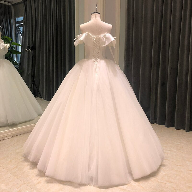 simple ball gown wedding dress off shoulder elegant pelars ruffles sleeve bridal wedding gowns for bride dresses