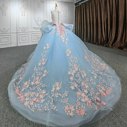 Shiny Lace blue pink flowers applique Quinceanera ball gown dress