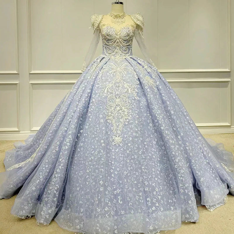 High Neck blue illusion shimmery long sleeve ball gown wedding dress
