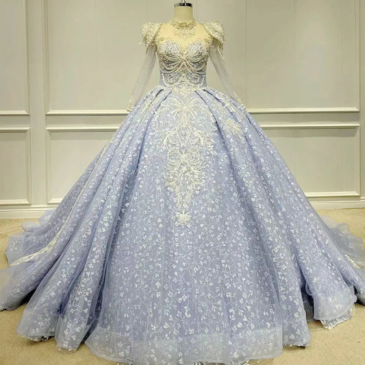 High Neck blue illusion shimmery long sleeve ball gown wedding dress