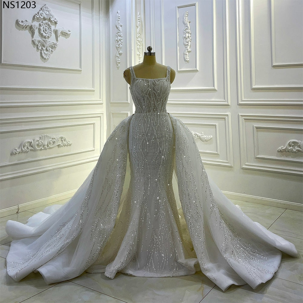 AM1203 Removale Skirt Lace pearl crystal Appliqued Handmade Luxury Wedding Dress
