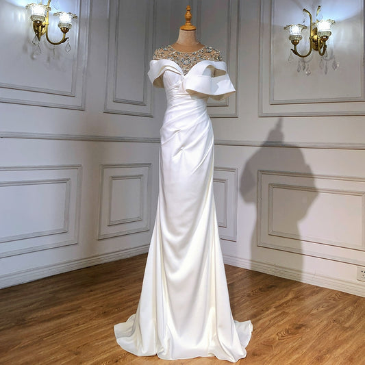 White Satin Beaded Evening Dresses Gowns Mermaid Elegant Luxury For Women Party LA71487