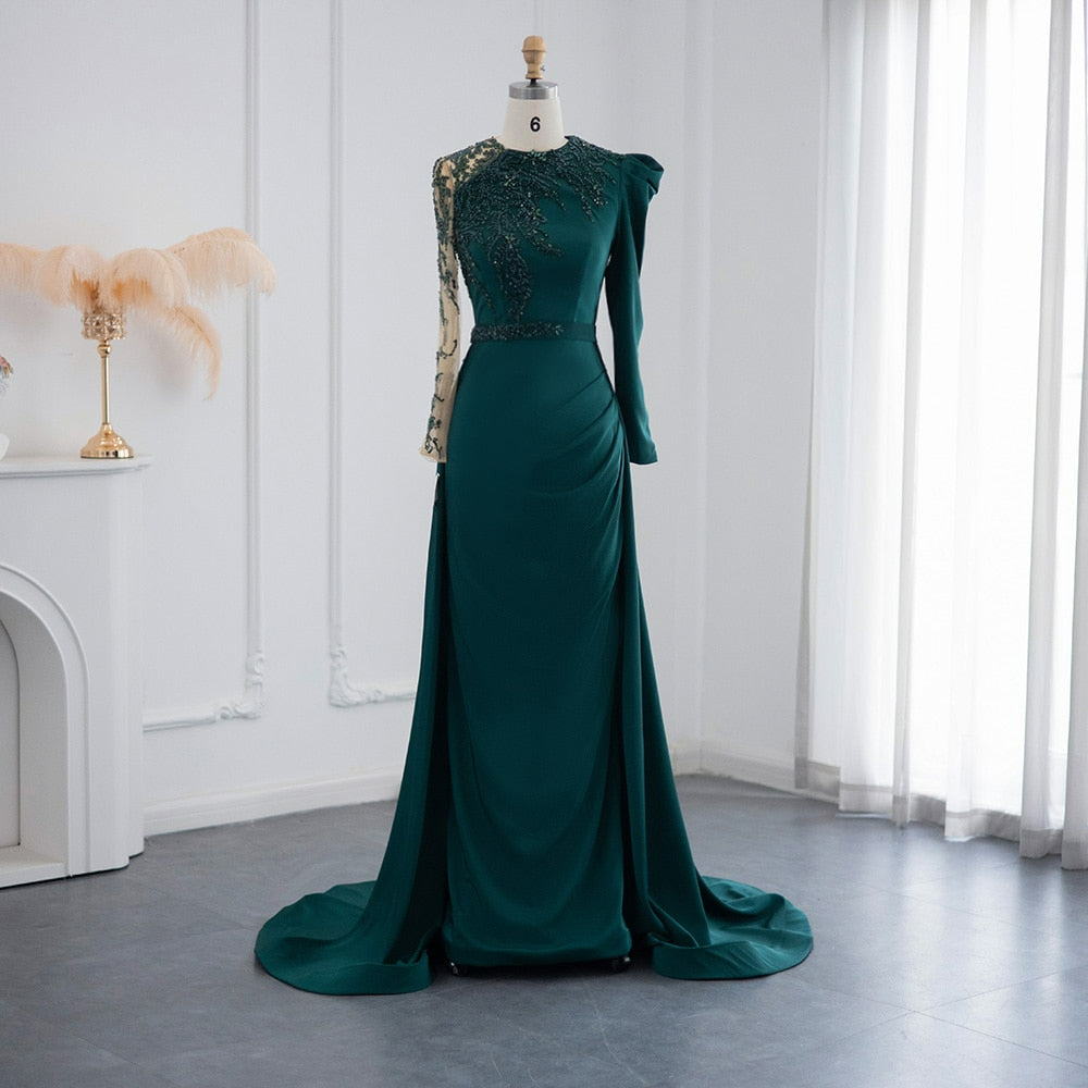 Elegant Emerald Green Long Sleeve Muslim Evening Dress Overskirt Formal Party Dresses for Women Wedding Guest SS412
