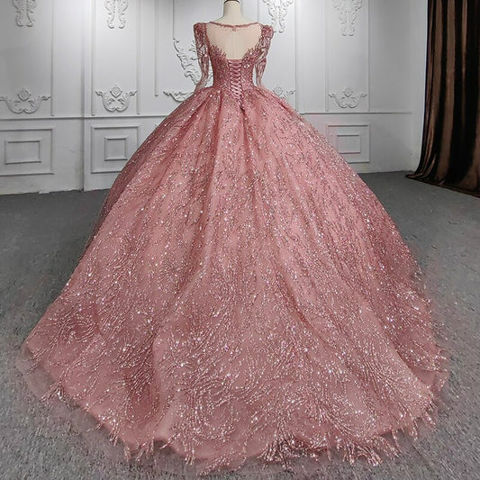 Classic  o-neck long sleeve illusion peach shiny shimmery ball gown evening gala quinceanera wedding dress