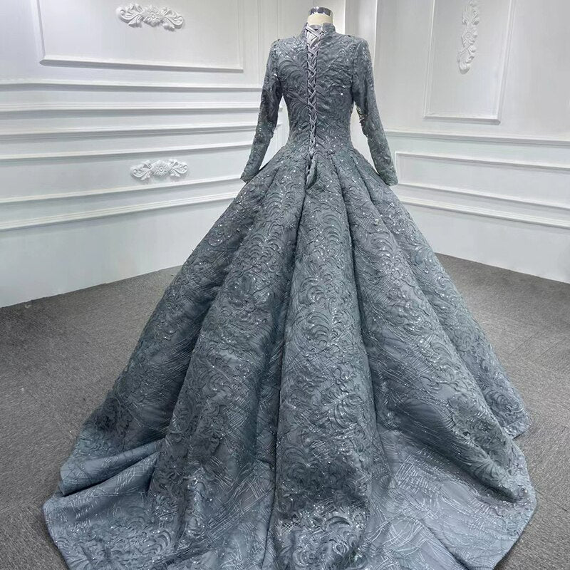 Long sleeve flower embriodery ball gown luxury gala evening mother of bride dress