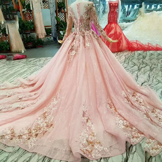 Peach Gala long train petal applique color wedding dress