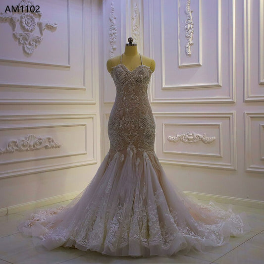 AM1102 Champagne Lace Spaghetti Straps Memraid luxury Wedding Dress