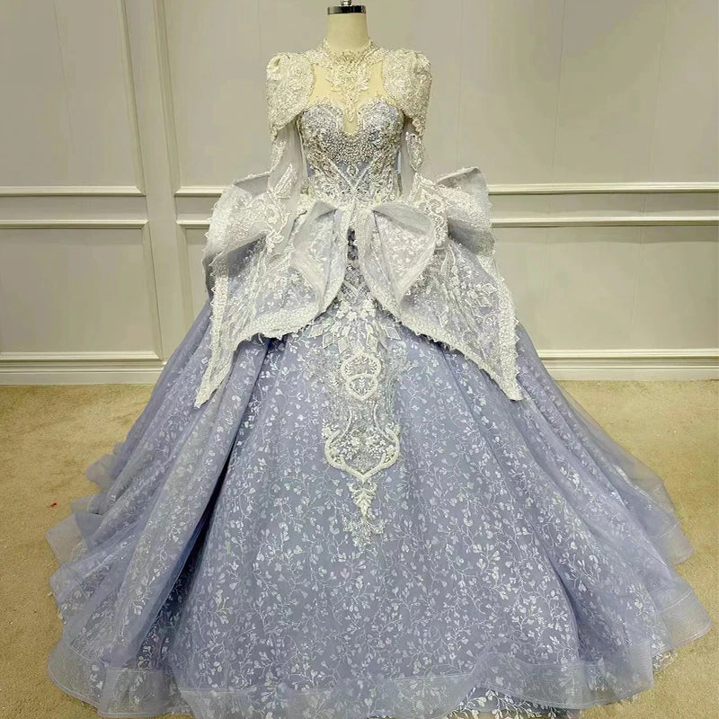 Blue Long Sleeve Ruched Slim Fit ball gown wedding dress