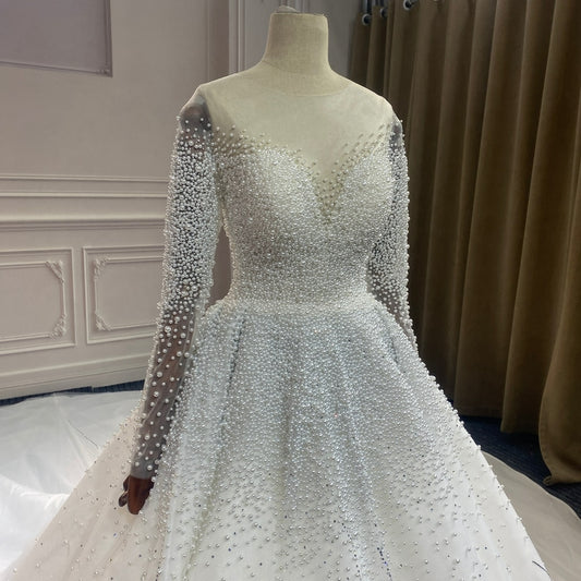 MV009 Luxury Bridal Gown Full pearl Beaded Off the Shoulder V Neck Backless Pearls Vestido De Novia Cathedral Train wedding dress