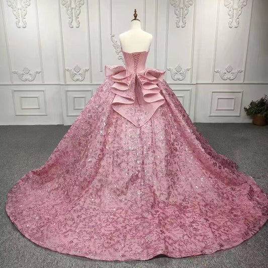 Pink Flowers Sequined Ball Gown Flower Quinceanera Dress