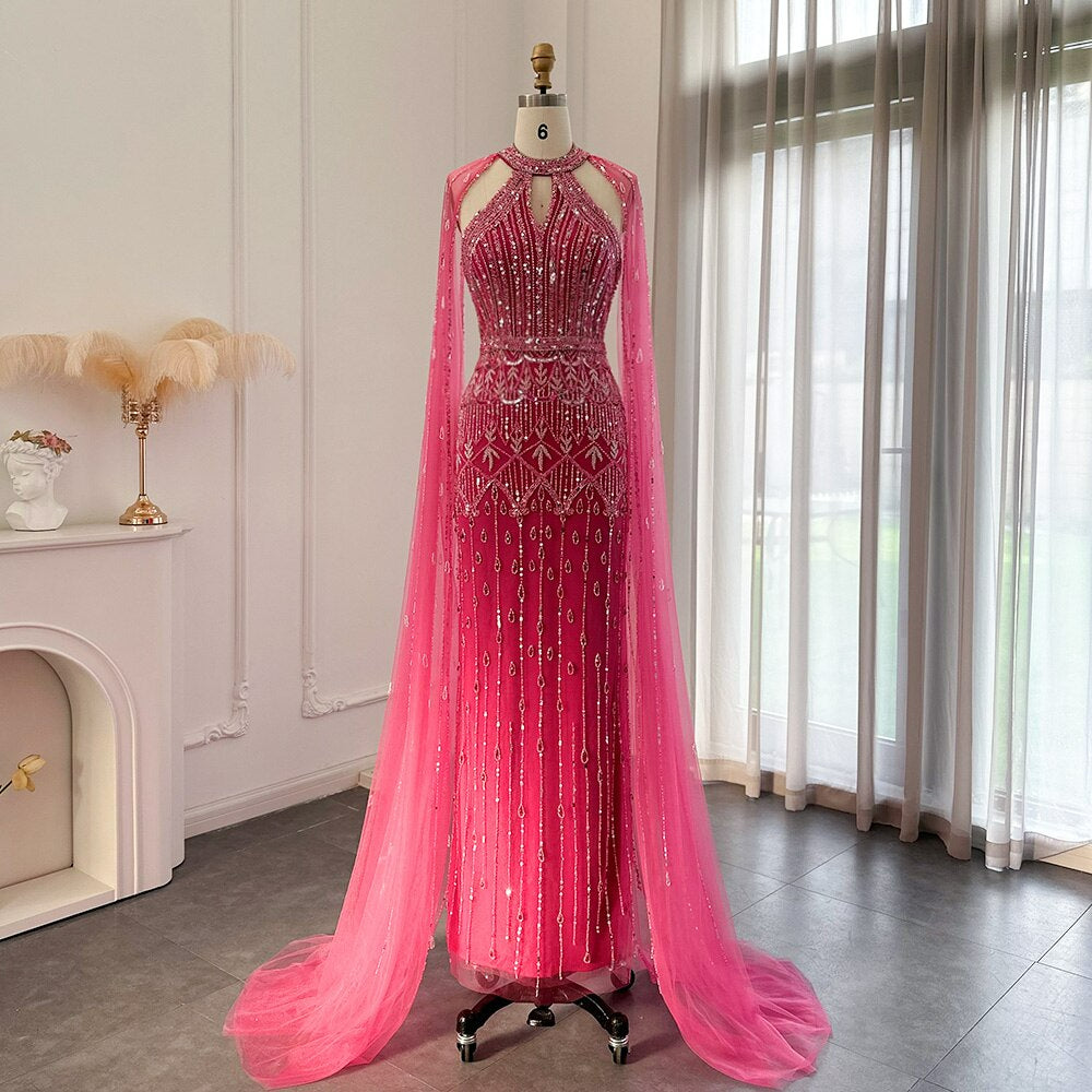 Luxury Dubai Mermaid Pink Evening Dresses with Cape Sleeves Arabic Women Wedding Guest Formal Party Gowns SS361