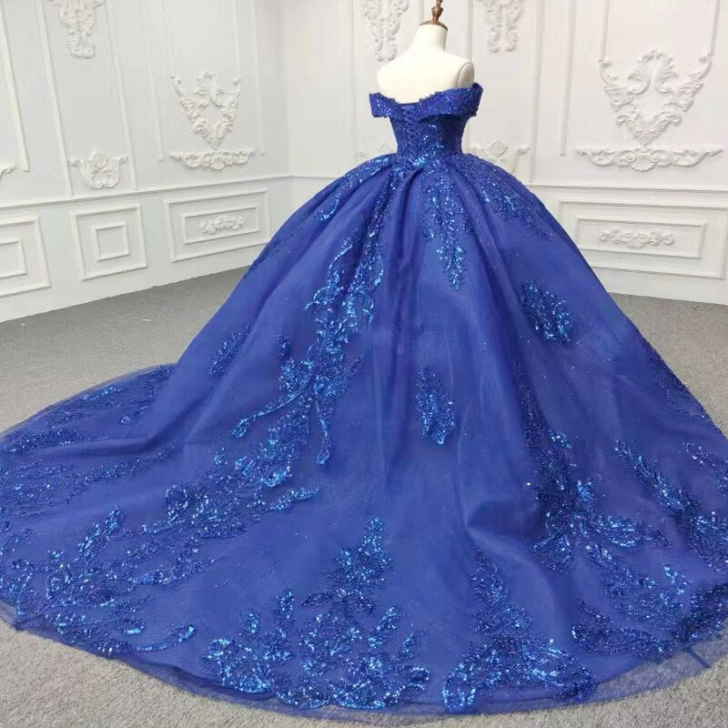 Blue flower embroidery shiny shimmery quinceanera vestido de quinceanera evening gala ball gown dress