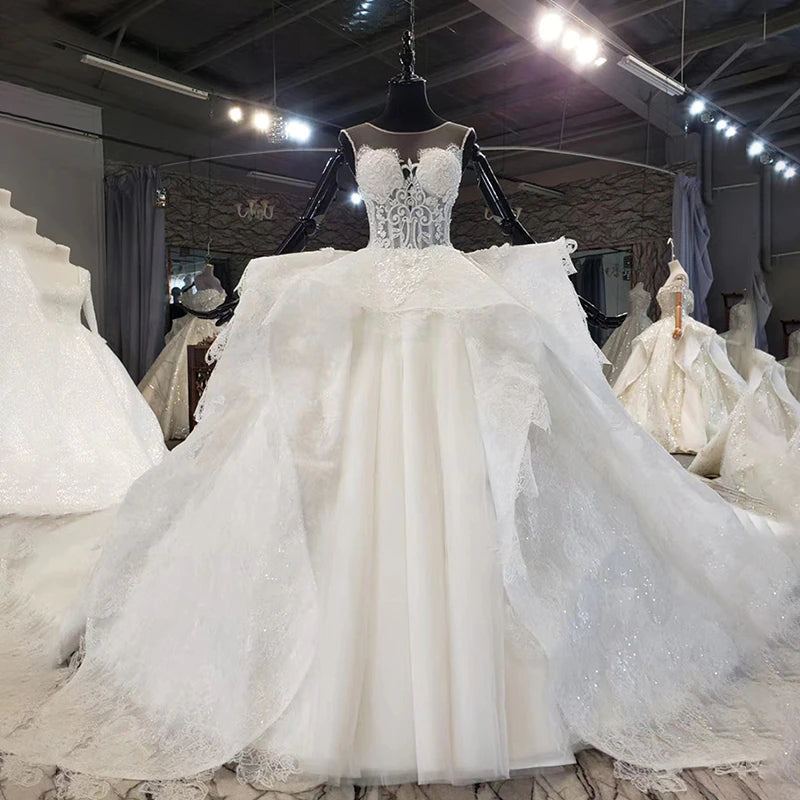 White Lvory Romantic Wedding Dress Custom Made  Long Sleeve O-Neck Sequined Ball Gown vestido de novia barato