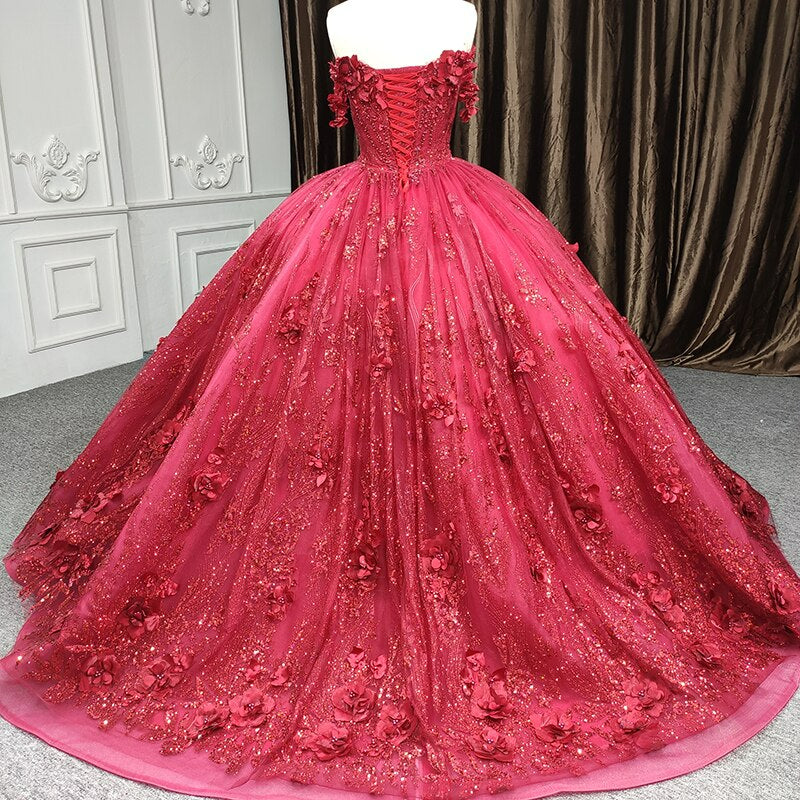 Luxury red 3D flower beading pearl beaded quinceanera dress vestido de fiesta