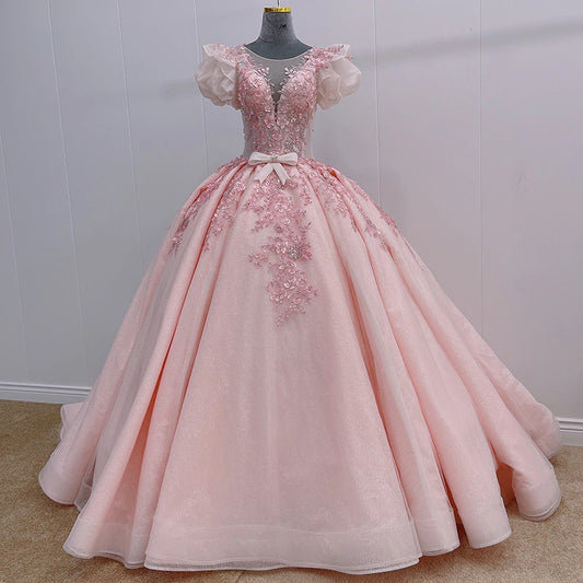 Stylish blue pink princess long train prom dress